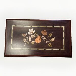 Mahogany Wooden Jewelry Box Floral Marquetry‎ Inlay & Mirror Interior New Roses